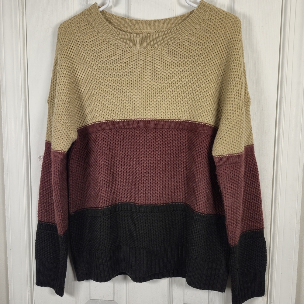 Oversized Waffle Knit Colorblock Sweater Medium Burgundy Tan Black Retro Boho